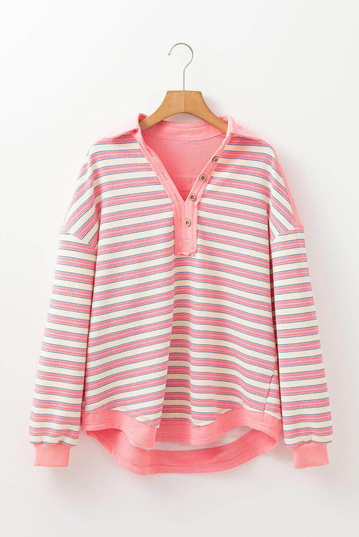 Red Stripe Buttoned V Neck Collared Drop Shoulder Top - Fashion Queen -  19