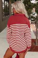 Load image into Gallery viewer, Red Stripe Buttoned V Neck Collared Drop Shoulder Top - Fashion Queen -  2
