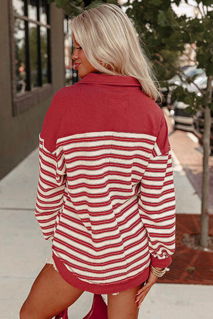 Red Stripe Buttoned V Neck Collared Drop Shoulder Top - Fashion Queen -  2