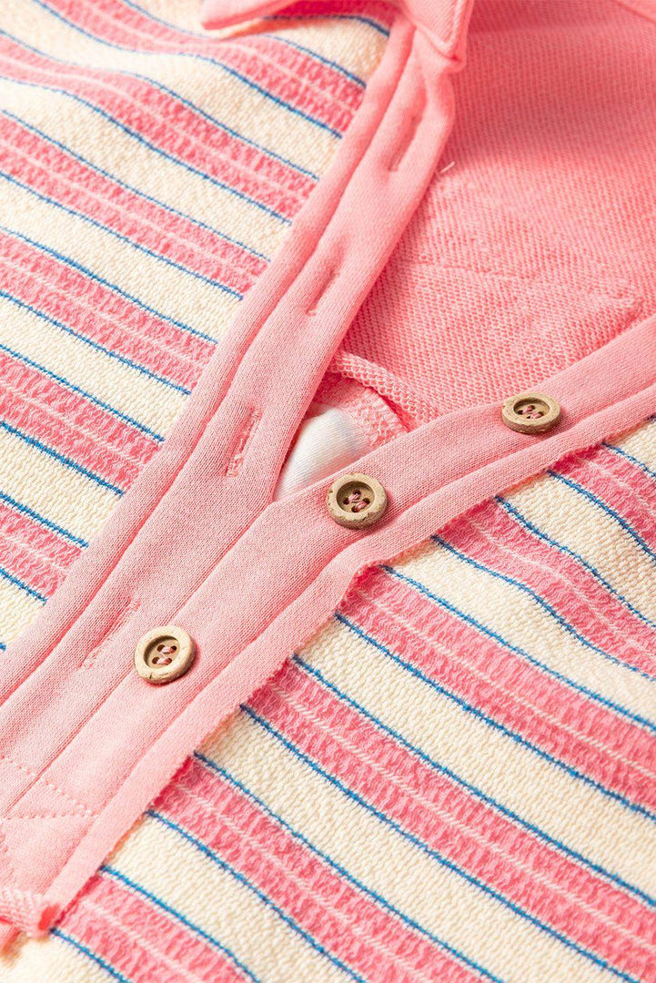 Red Stripe Buttoned V Neck Collared Drop Shoulder Top - Fashion Queen -  22
