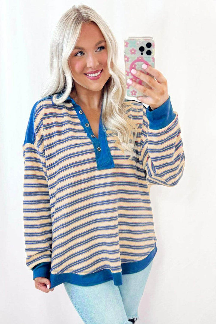 Red Stripe Buttoned V Neck Collared Drop Shoulder Top - Fashion Queen -  26
