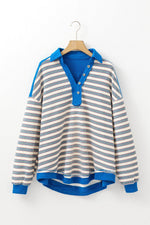 Load image into Gallery viewer, Red Stripe Buttoned V Neck Collared Drop Shoulder Top - Fashion Queen -  27
