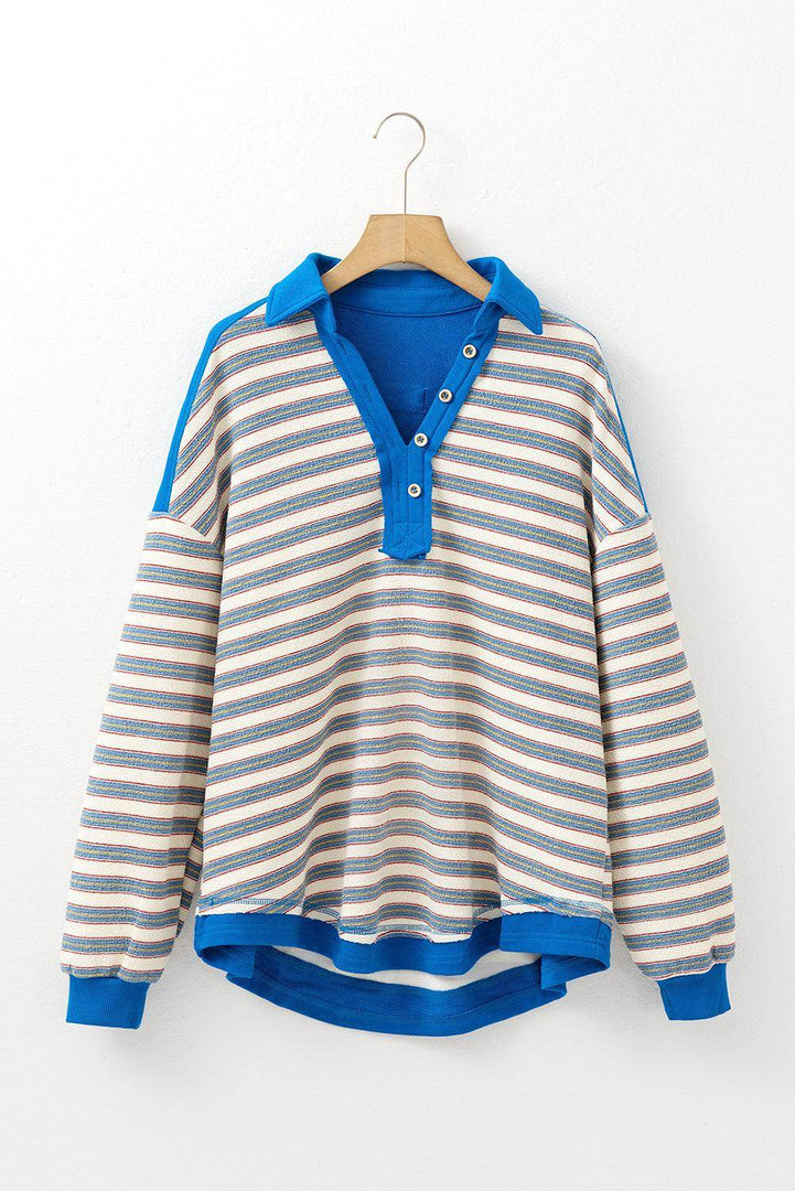 Red Stripe Buttoned V Neck Collared Drop Shoulder Top - Fashion Queen -  27