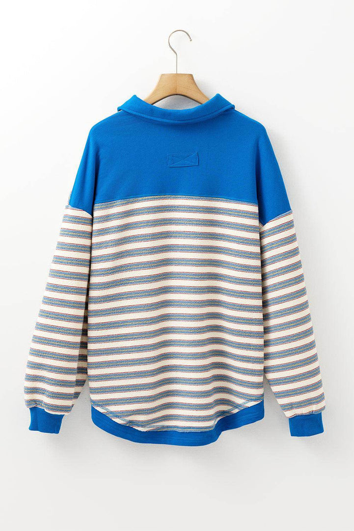 Red Stripe Buttoned V Neck Collared Drop Shoulder Top - Fashion Queen -  28