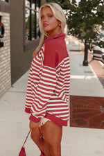 Load image into Gallery viewer, Red Stripe Buttoned V Neck Collared Drop Shoulder Top - Fashion Queen -  3
