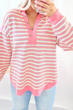 Load image into Gallery viewer, Red Stripe Buttoned V Neck Collared Drop Shoulder Top - Fashion Queen -  4
