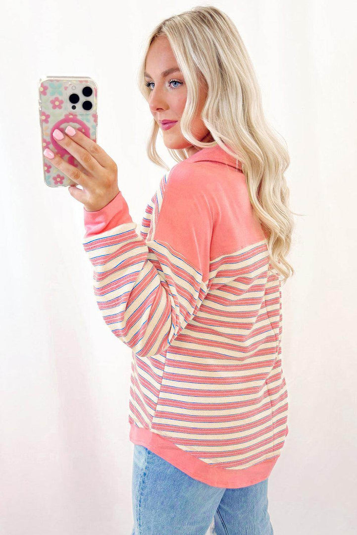 Red Stripe Buttoned V Neck Collared Drop Shoulder Top - Fashion Queen -  5