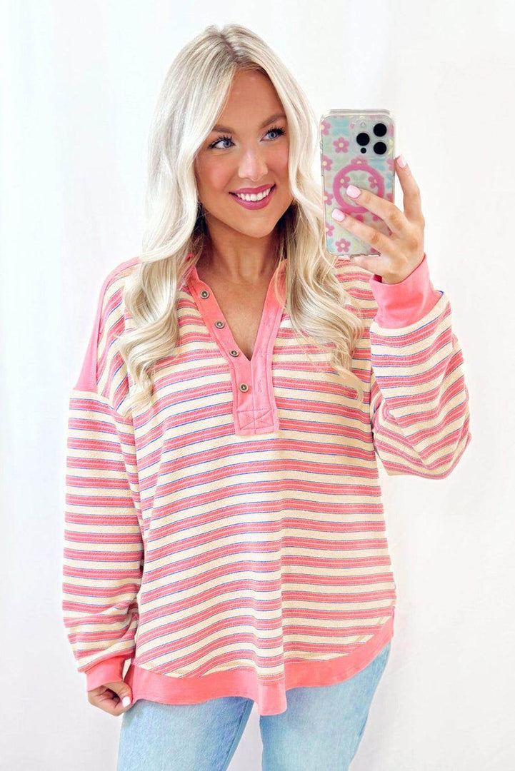 Red Stripe Buttoned V Neck Collared Drop Shoulder Top - Fashion Queen -  6