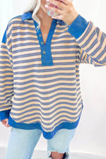 Load image into Gallery viewer, Red Stripe Buttoned V Neck Collared Drop Shoulder Top - Fashion Queen -  7
