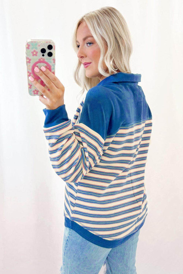 Red Stripe Buttoned V Neck Collared Drop Shoulder Top - Fashion Queen -  8