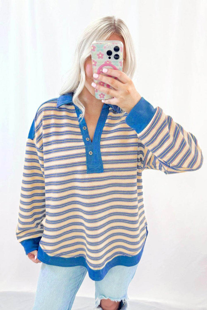 Red Stripe Buttoned V Neck Collared Drop Shoulder Top - Fashion Queen -  9