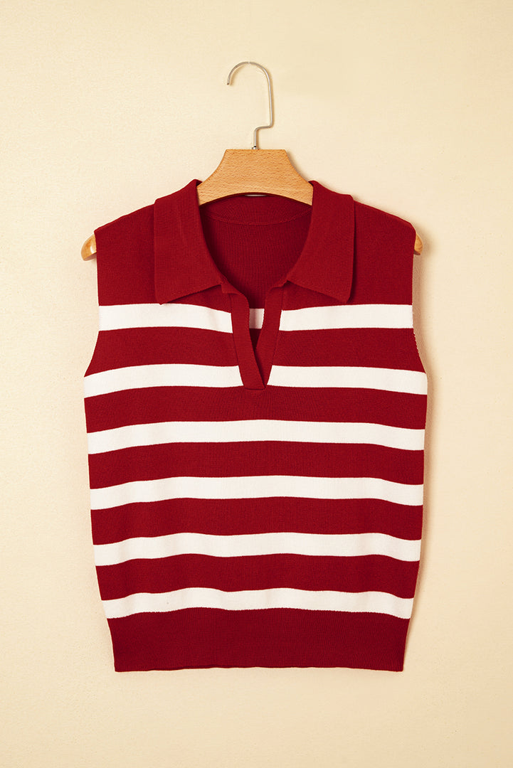 Red Stripe Collared Split Neck Sweater Vest - Fashion Queen -  5