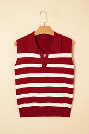 Red Stripe Collared Split Neck Sweater Vest - Fashion Queen -  5
