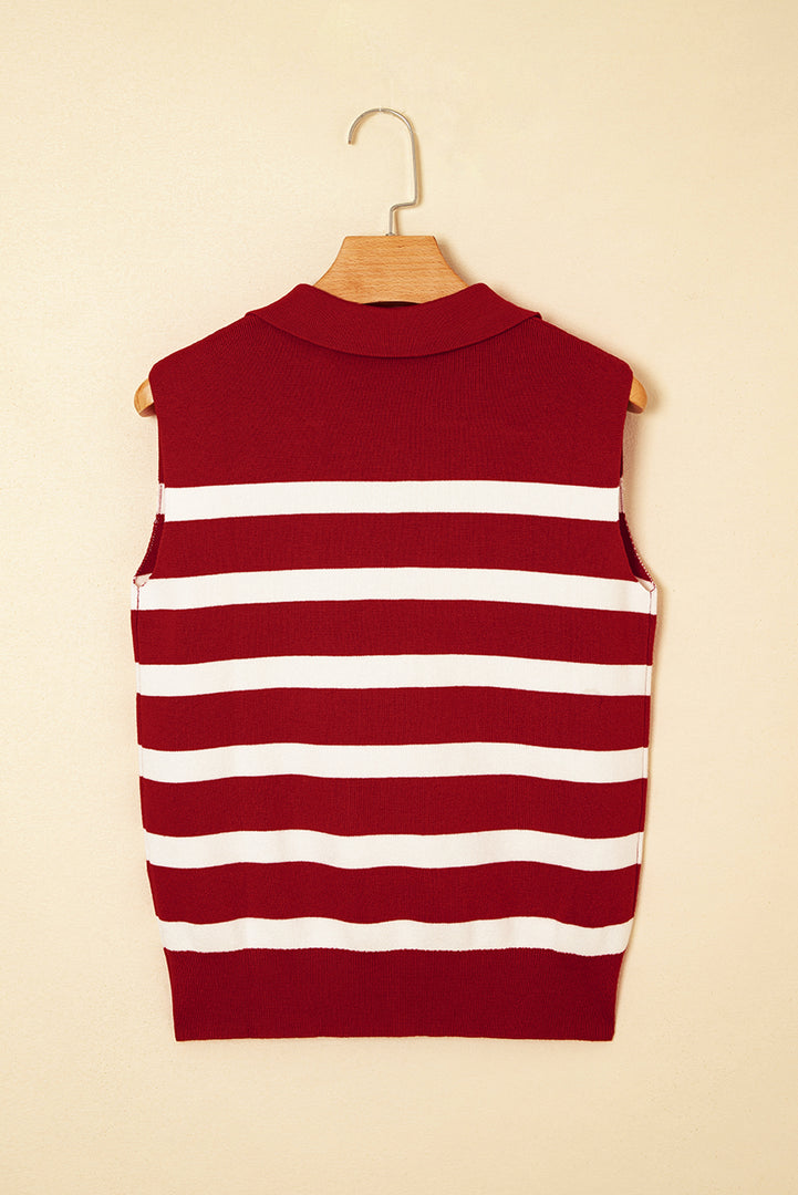 Red Stripe Collared Split Neck Sweater Vest - Fashion Queen -  6