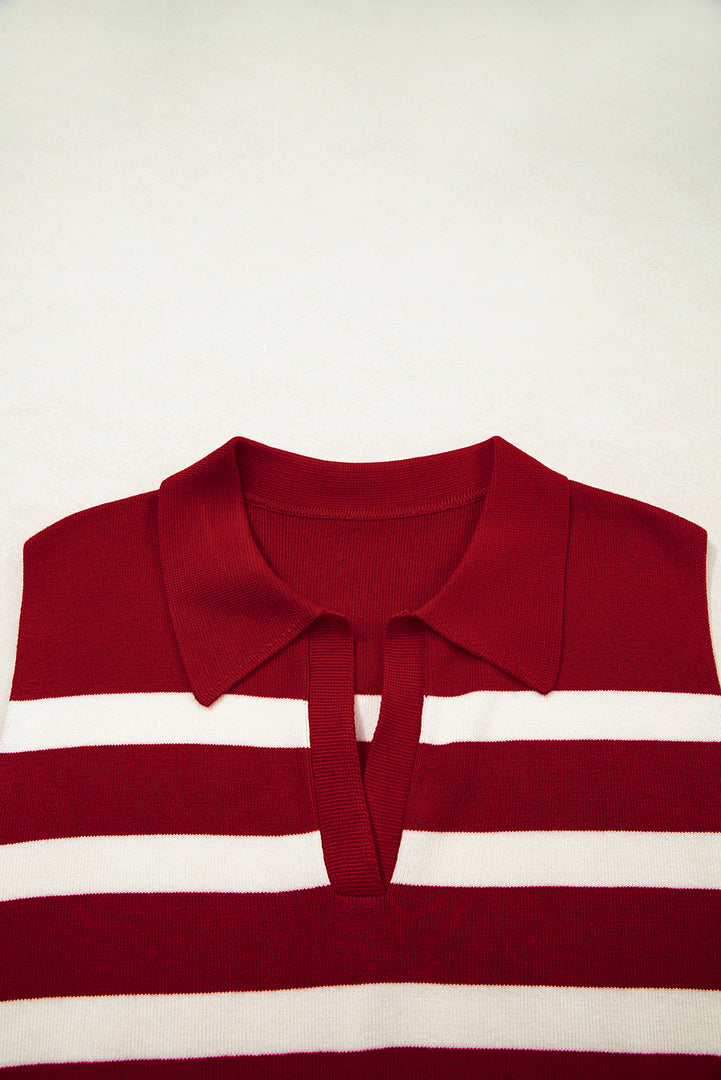 Red Stripe Collared Split Neck Sweater Vest - Fashion Queen -  7