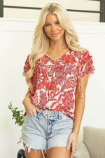 Load image into Gallery viewer, Red Vintage Floral Ruffle Sleeve V Neck Blouse - Fashion Queen -  1
