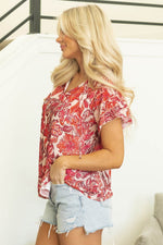 Load image into Gallery viewer, Red Vintage Floral Ruffle Sleeve V Neck Blouse - Fashion Queen -  3
