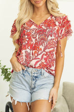Load image into Gallery viewer, Red Vintage Floral Ruffle Sleeve V Neck Blouse - Fashion Queen -  7
