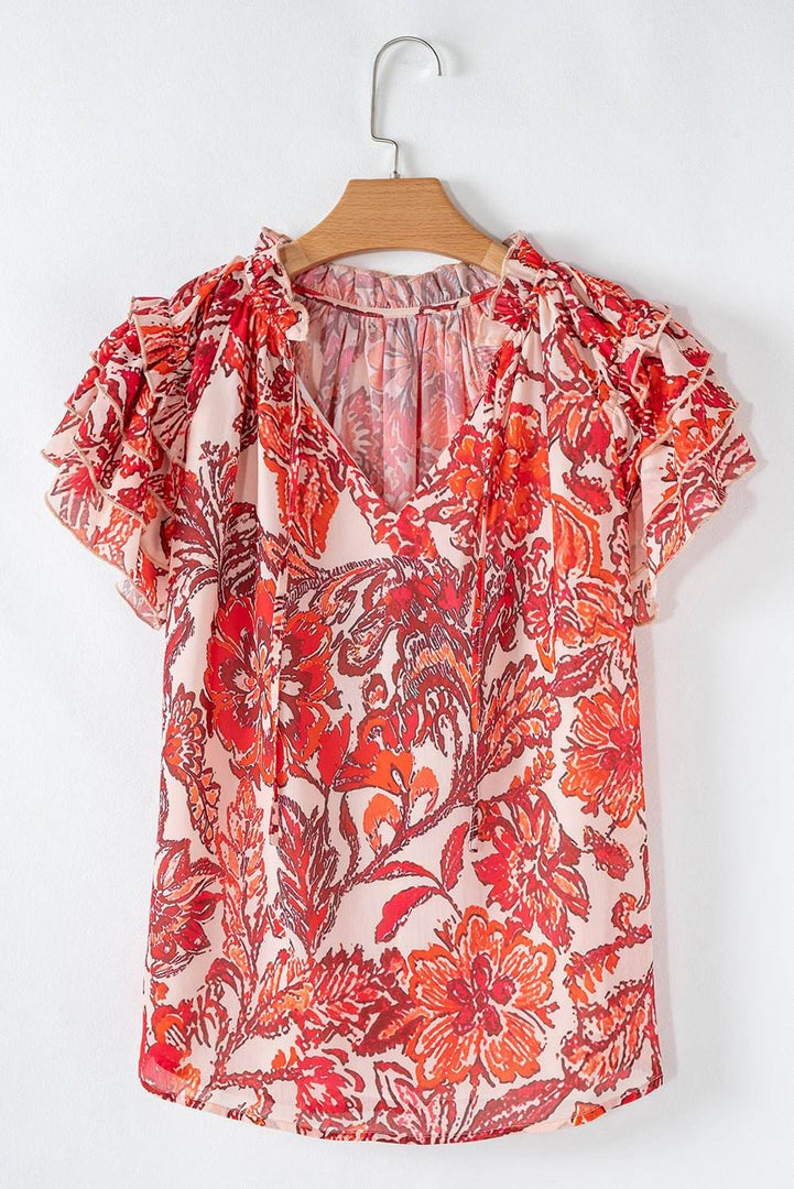 Red Vintage Floral Ruffle Sleeve V Neck Blouse - Fashion Queen -  8