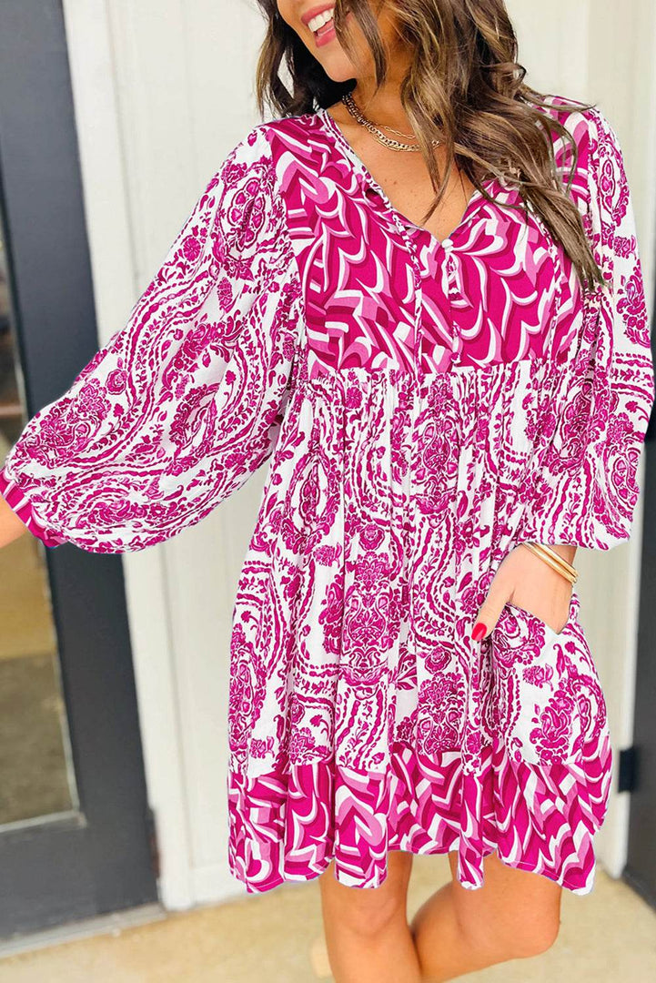 Rose Bohemian Print Puff Sleeve Tied V Neck Flared Mini Dress - Fashion Queen -  1