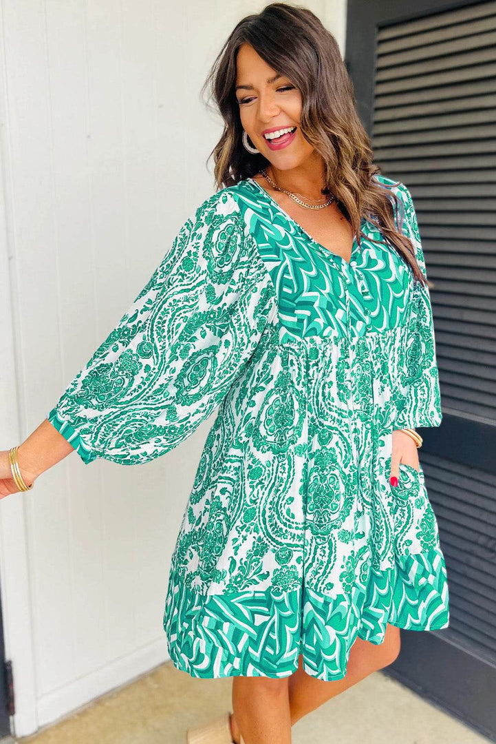 Rose Bohemian Print Puff Sleeve Tied V Neck Flared Mini Dress - Fashion Queen -  12