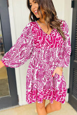 Load image into Gallery viewer, Rose Bohemian Print Puff Sleeve Tied V Neck Flared Mini Dress - Fashion Queen -  13
