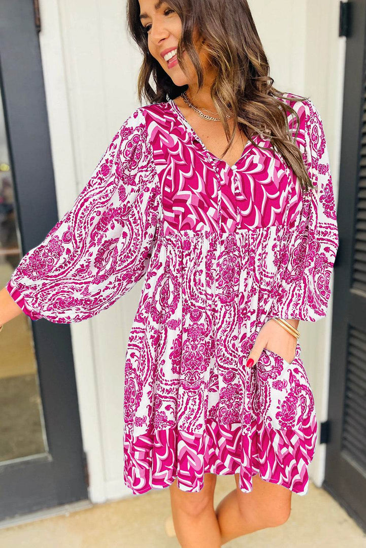 Rose Bohemian Print Puff Sleeve Tied V Neck Flared Mini Dress - Fashion Queen -  13