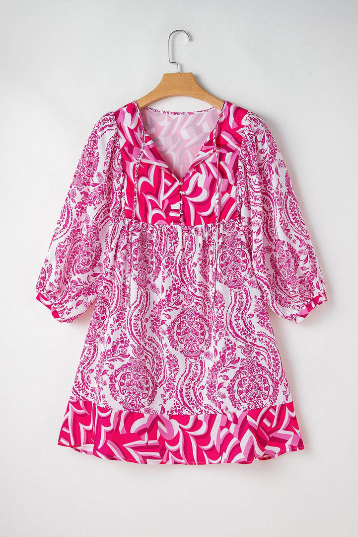Rose Bohemian Print Puff Sleeve Tied V Neck Flared Mini Dress - Fashion Queen -  14