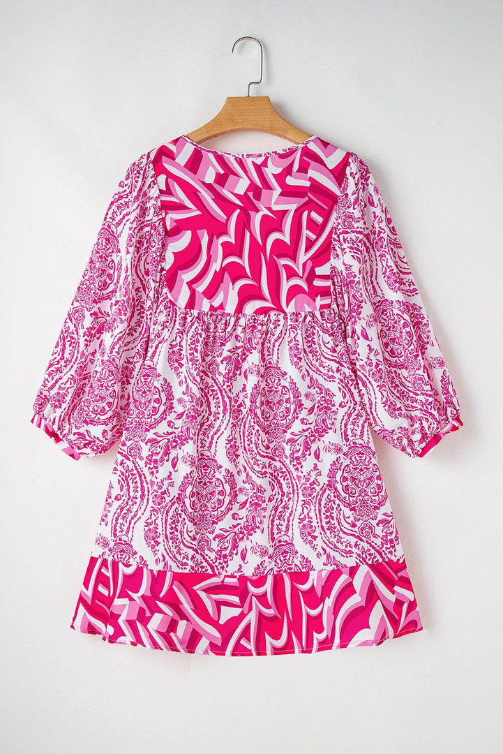 Rose Bohemian Print Puff Sleeve Tied V Neck Flared Mini Dress - Fashion Queen -  15