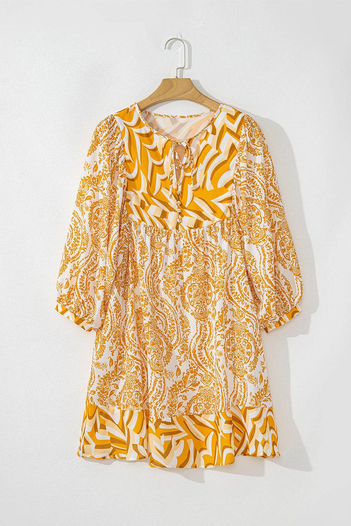 Rose Bohemian Print Puff Sleeve Tied V Neck Flared Mini Dress - Fashion Queen -  23