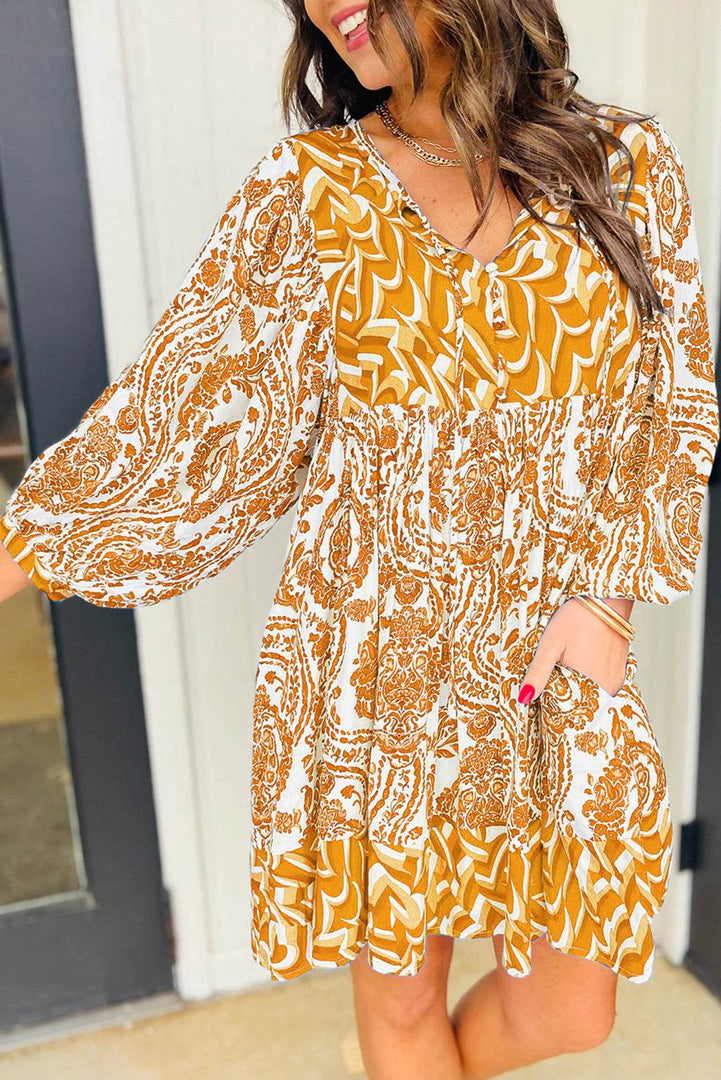 Rose Bohemian Print Puff Sleeve Tied V Neck Flared Mini Dress - Fashion Queen -  4