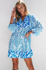 Load image into Gallery viewer, Rose Bohemian Print Puff Sleeve Tied V Neck Flared Mini Dress - Fashion Queen -  7
