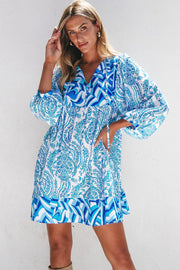 Rose Bohemian Print Puff Sleeve Tied V Neck Flared Mini Dress - Fashion Queen -  7