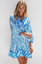 Load image into Gallery viewer, Rose Bohemian Print Puff Sleeve Tied V Neck Flared Mini Dress - Fashion Queen -  9
