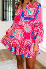 Load image into Gallery viewer, Rose Boho Abstract Printed Puff Sleeve Drawstring Waist Ruffled Mini Dress - Fashion Queen -  1
