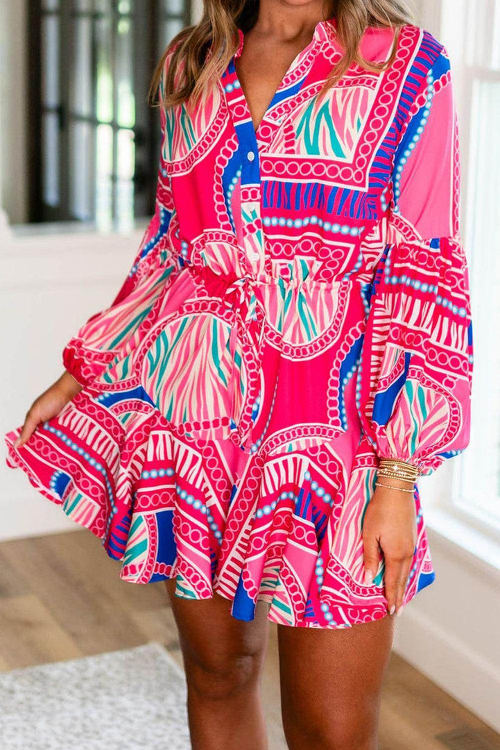 Rose Boho Abstract Printed Puff Sleeve Drawstring Waist Ruffled Mini Dress - Fashion Queen -  1