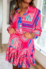 Load image into Gallery viewer, Rose Boho Abstract Printed Puff Sleeve Drawstring Waist Ruffled Mini Dress - Fashion Queen -  2
