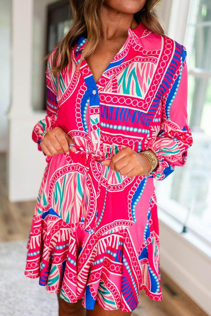 Rose Boho Abstract Printed Puff Sleeve Drawstring Waist Ruffled Mini Dress - Fashion Queen -  2