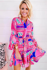 Load image into Gallery viewer, Rose Boho Abstract Printed Puff Sleeve Drawstring Waist Ruffled Mini Dress - Fashion Queen -  4
