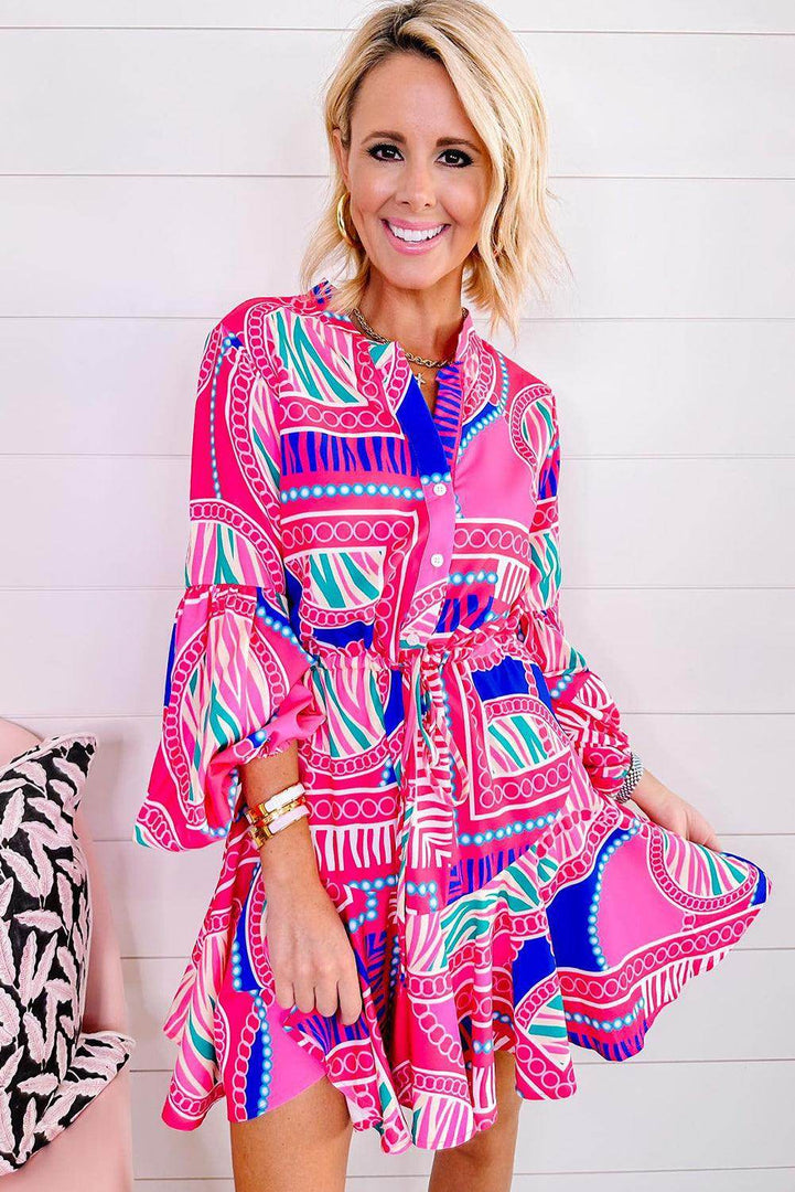 Rose Boho Abstract Printed Puff Sleeve Drawstring Waist Ruffled Mini Dress - Fashion Queen -  4