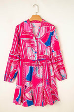 Load image into Gallery viewer, Rose Boho Abstract Printed Puff Sleeve Drawstring Waist Ruffled Mini Dress - Fashion Queen -  5

