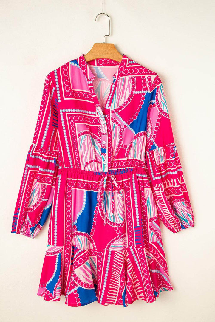 Rose Boho Abstract Printed Puff Sleeve Drawstring Waist Ruffled Mini Dress - Fashion Queen -  5