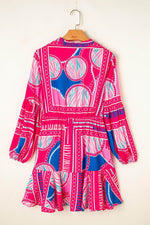 Load image into Gallery viewer, Rose Boho Abstract Printed Puff Sleeve Drawstring Waist Ruffled Mini Dress - Fashion Queen -  6
