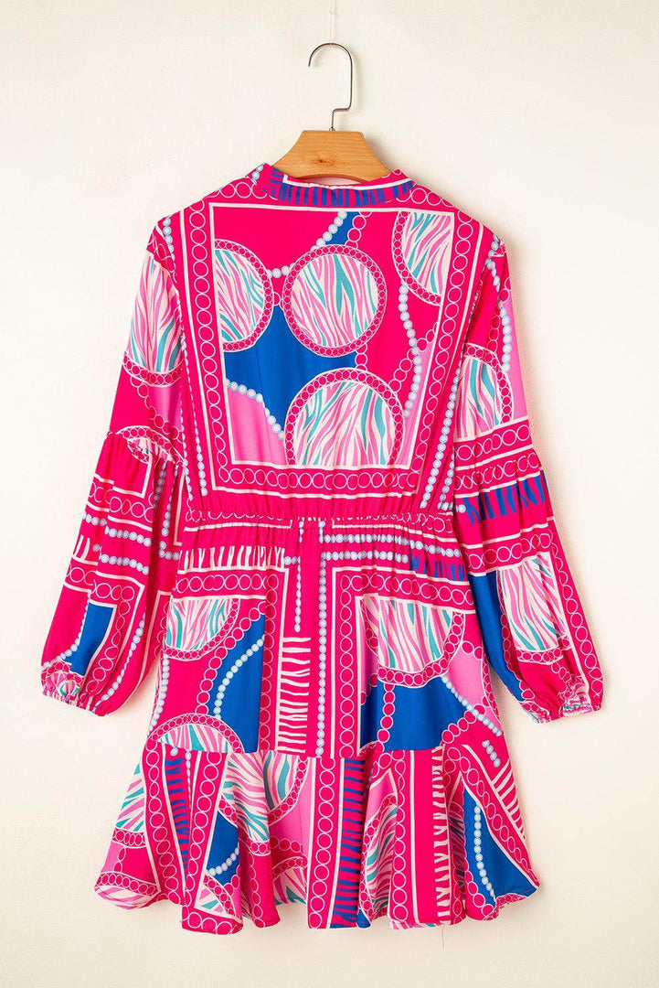 Rose Boho Abstract Printed Puff Sleeve Drawstring Waist Ruffled Mini Dress - Fashion Queen -  6