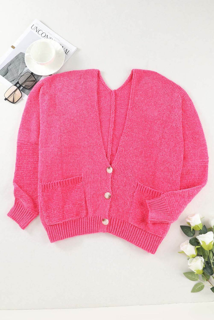Rose Buttons Front Pocketed Sweater Cardigan - Fashion Queen -  10