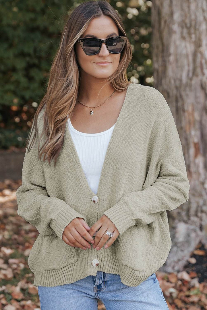 Rose Buttons Front Pocketed Sweater Cardigan - Fashion Queen -  16