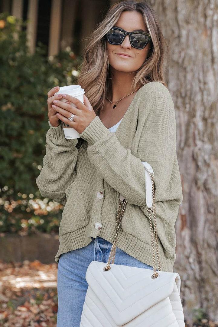 Rose Buttons Front Pocketed Sweater Cardigan - Fashion Queen -  19