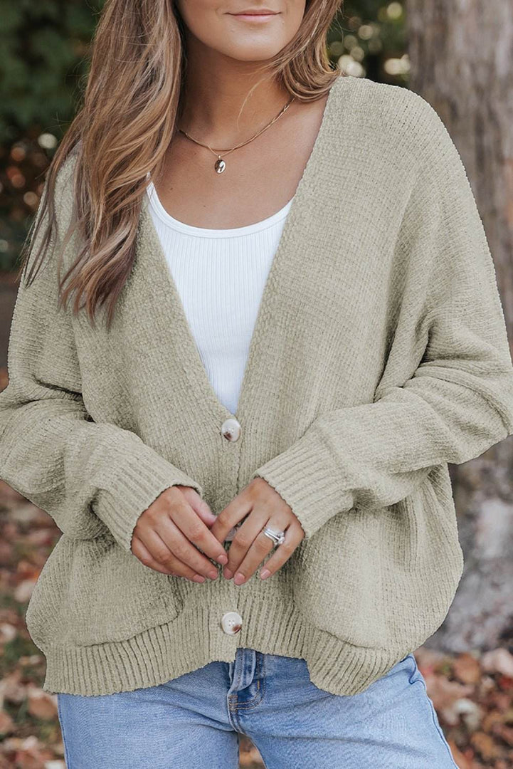 Rose Buttons Front Pocketed Sweater Cardigan - Fashion Queen -  23