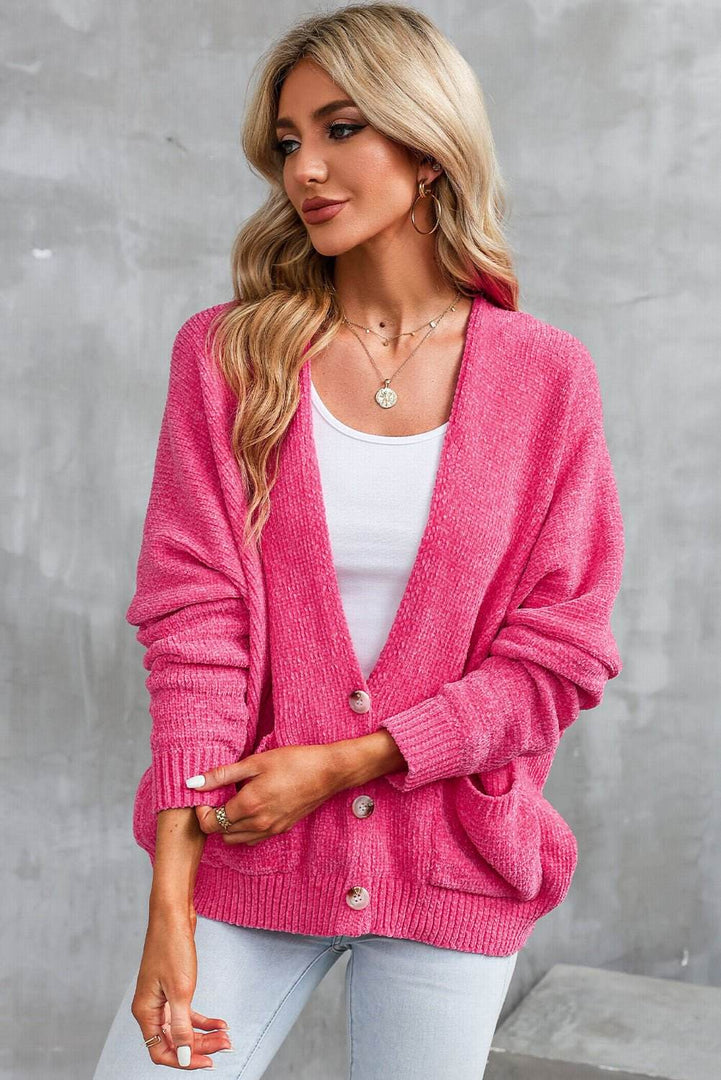 Rose Buttons Front Pocketed Sweater Cardigan - Fashion Queen -  3