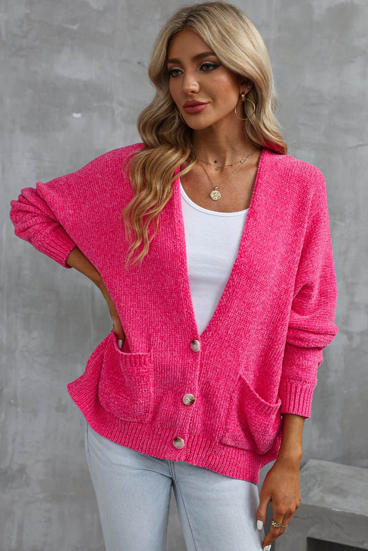 Rose Buttons Front Pocketed Sweater Cardigan - Fashion Queen -  5
